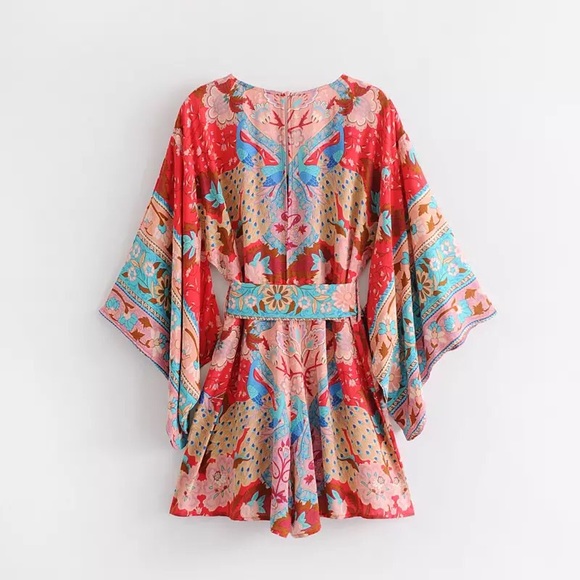 NEW Sexy Peacock Red Boho Lotus Kimono Romper - Picture 6 of 8